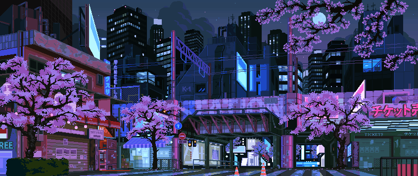 Animated pixel-art city scene from the original site template